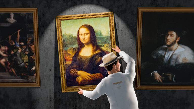 Thumbnail image.A 3D render showing a man in a white gown stealing the Mona Lisa painting from the Louvre