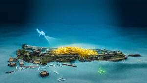 Render showing a scuba diver discovering the famous Atocha shipwreck and all of its treasure