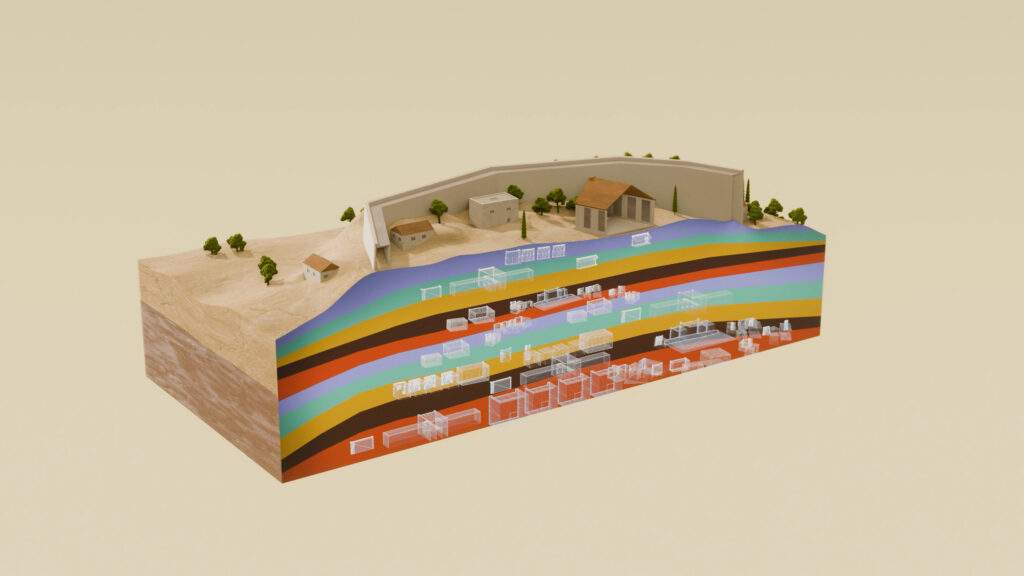3D graphic showing a cutaway revealing the layers of civilizations built up in the ancient city of Troy
