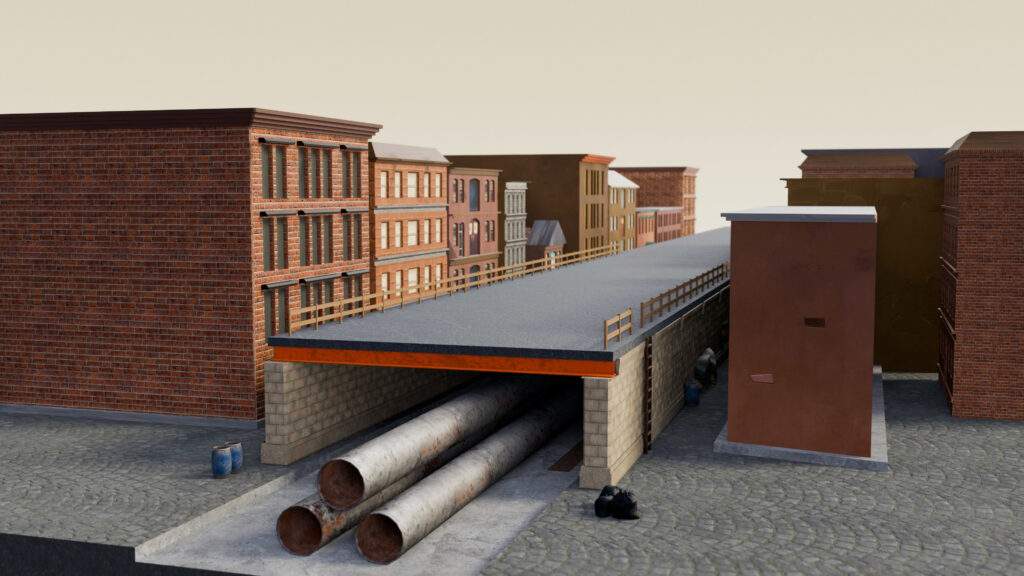 3D graphic showing how the streets of Seattle were raised after the 1889 fire
