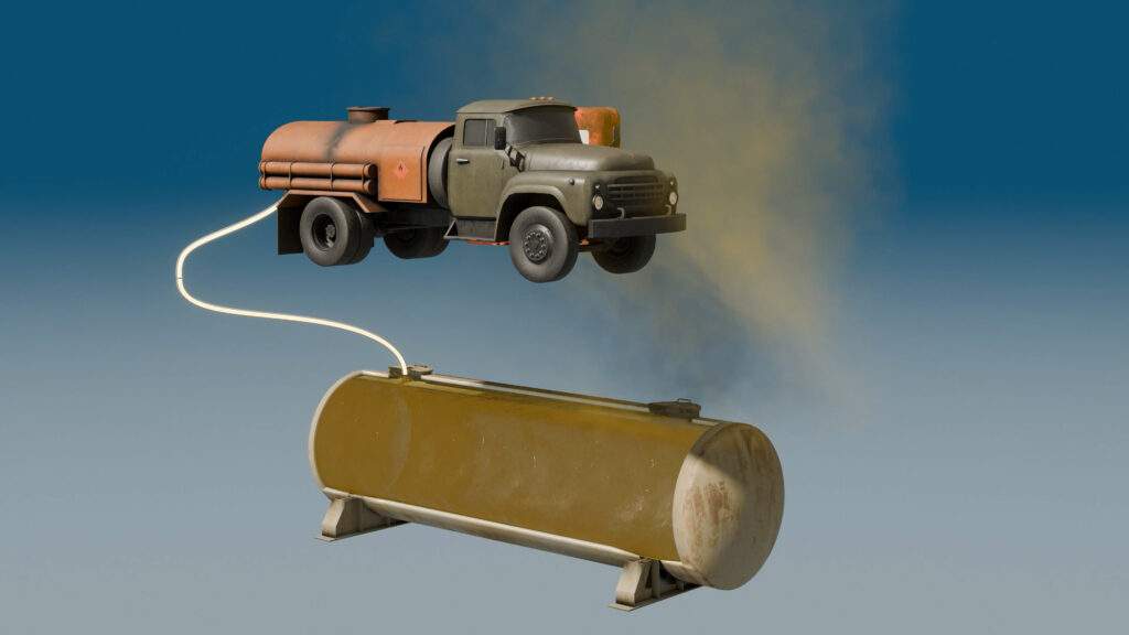 Graphic showing fuel vapours being released into the air from a gas station storage tank