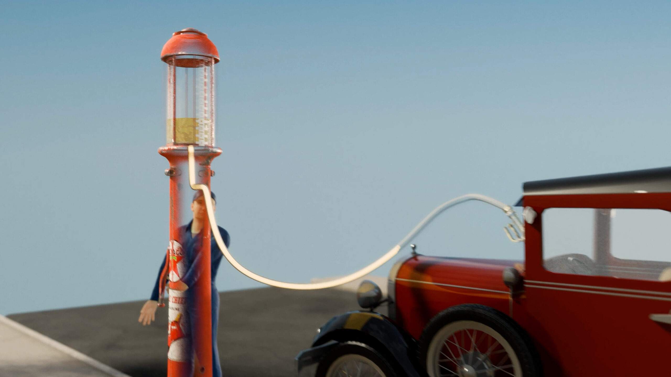 3D graphic showing the first gas station visible fuel pump in action