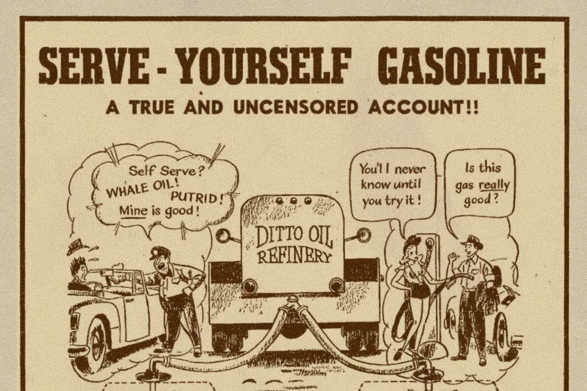 An old poster advertising the first self service gas station in the uS