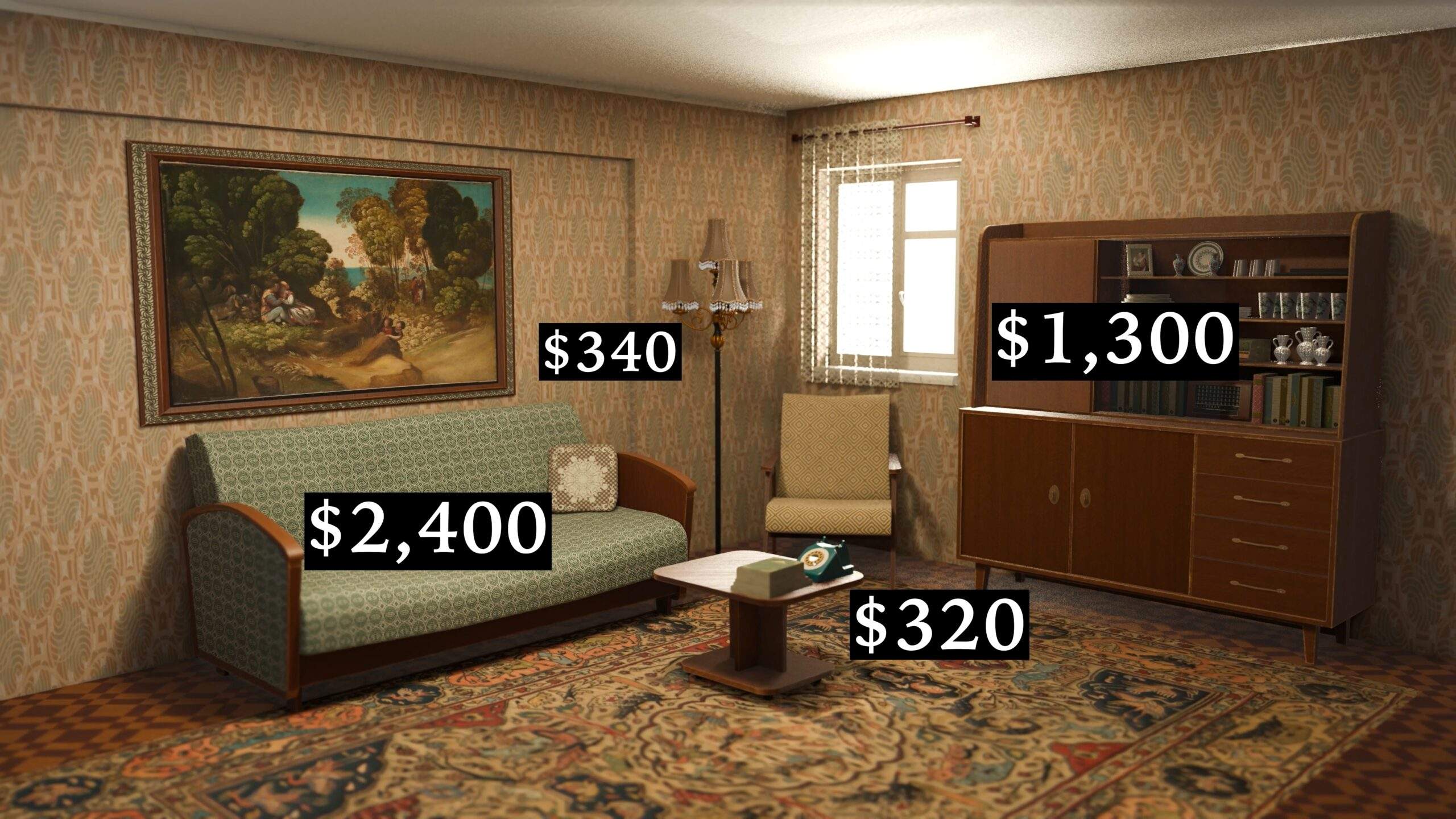 Graphic showing an old fashioned 1950s style living room with prices showing how expensive furniture used to be