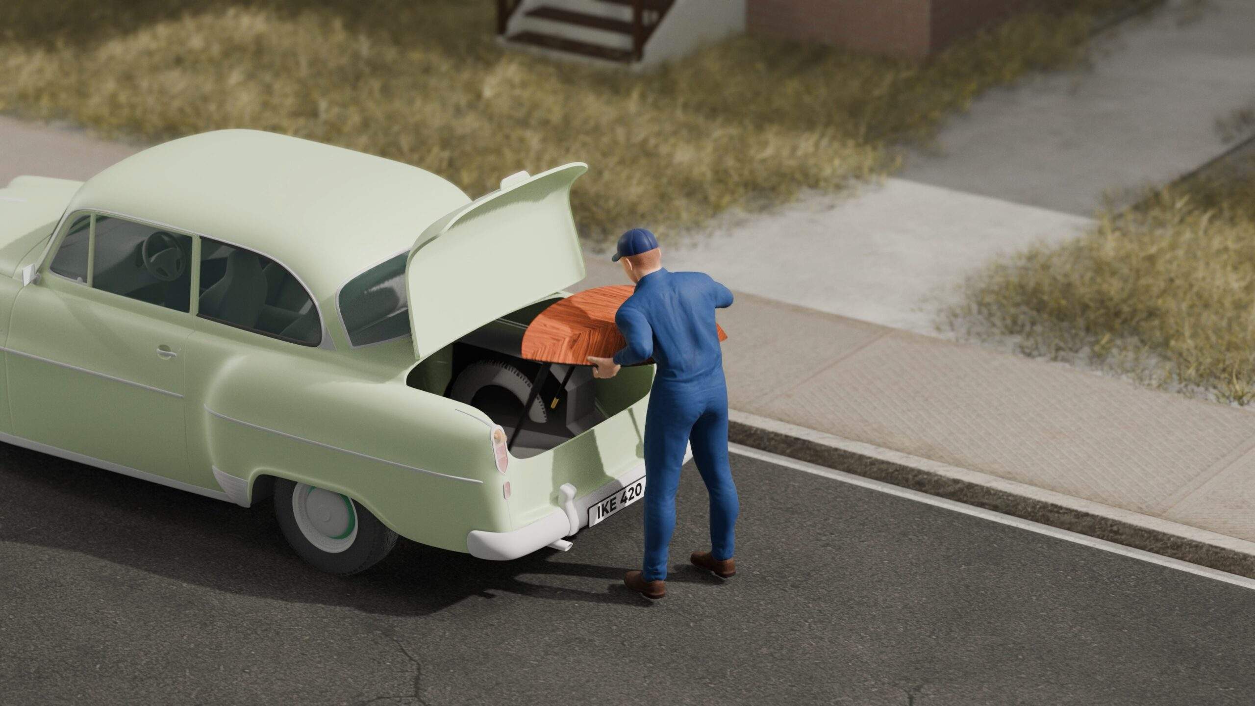 3D graphic showing a man trying to fit an IKEA table into a small car