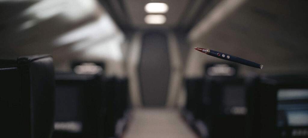 Screenshot from the film 2001: a space odyssey, during the scene where a pen is floating inside a spaceship