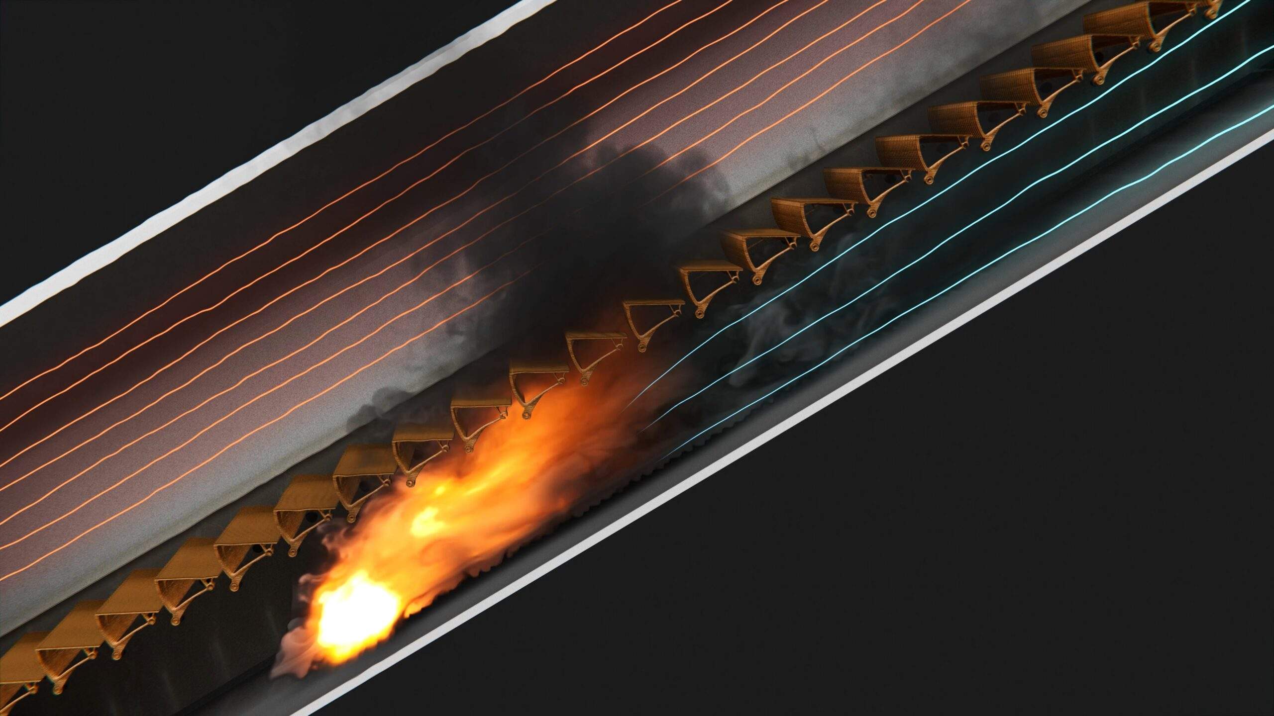 fire burning under and escalator