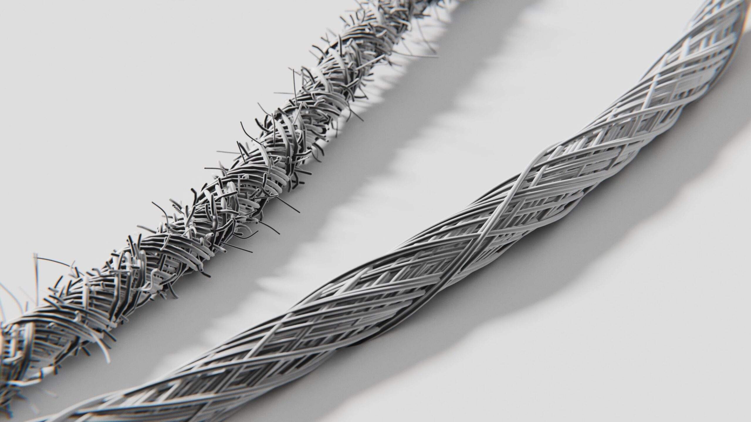 Close up render showing the comparison between a strand of cotton vs a strand of silk
