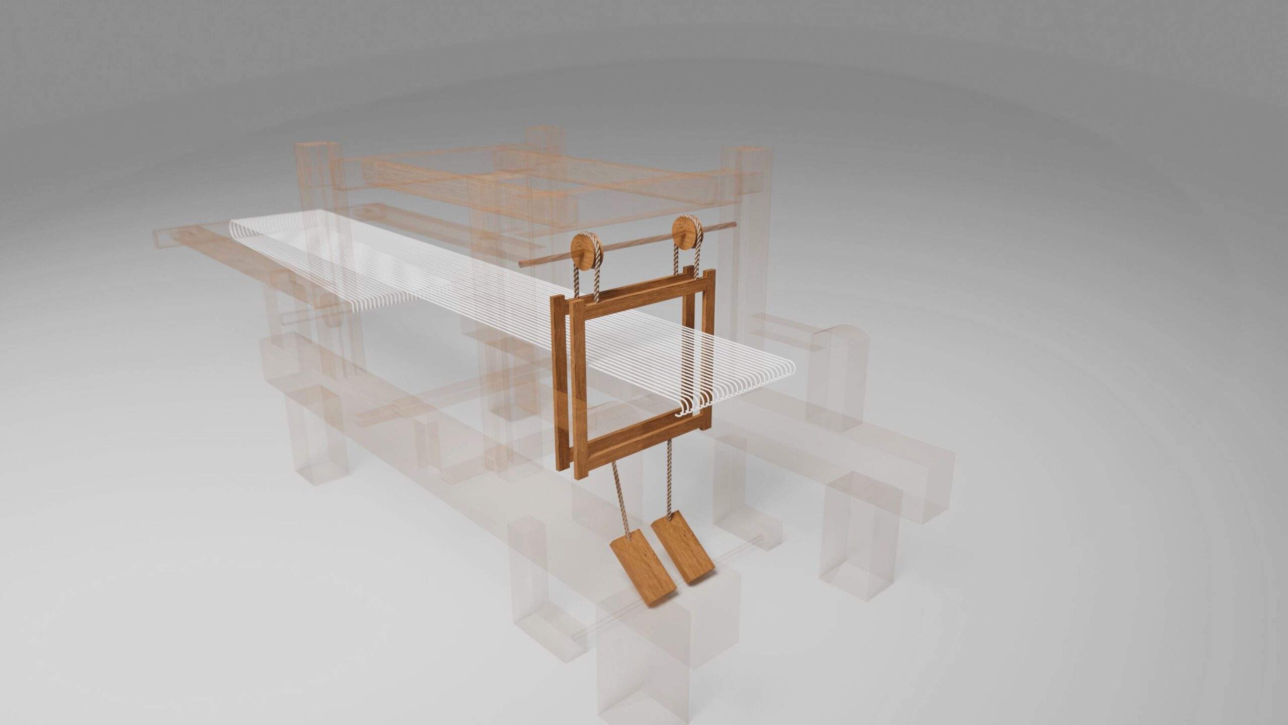 Render highlighting the 2 shafts at the center of an ancient chinese silk loom