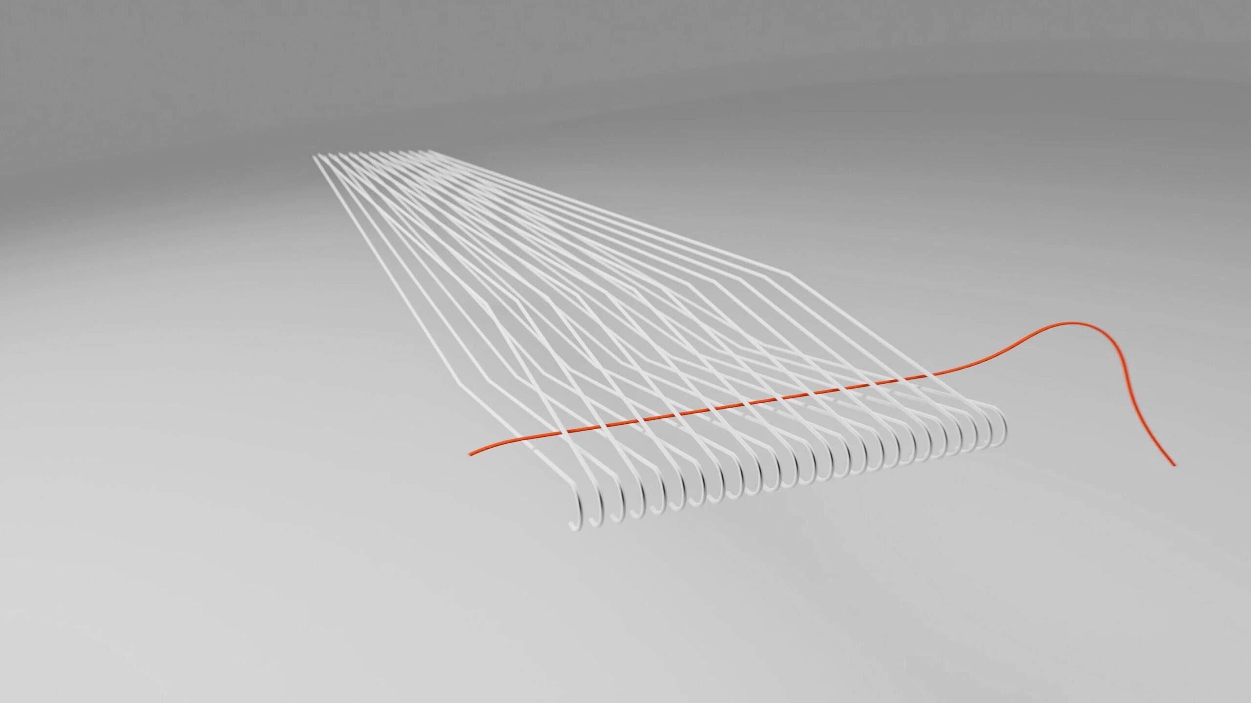 Render showing an orange weft thread passing under and over silk threads in a traditional silk loom