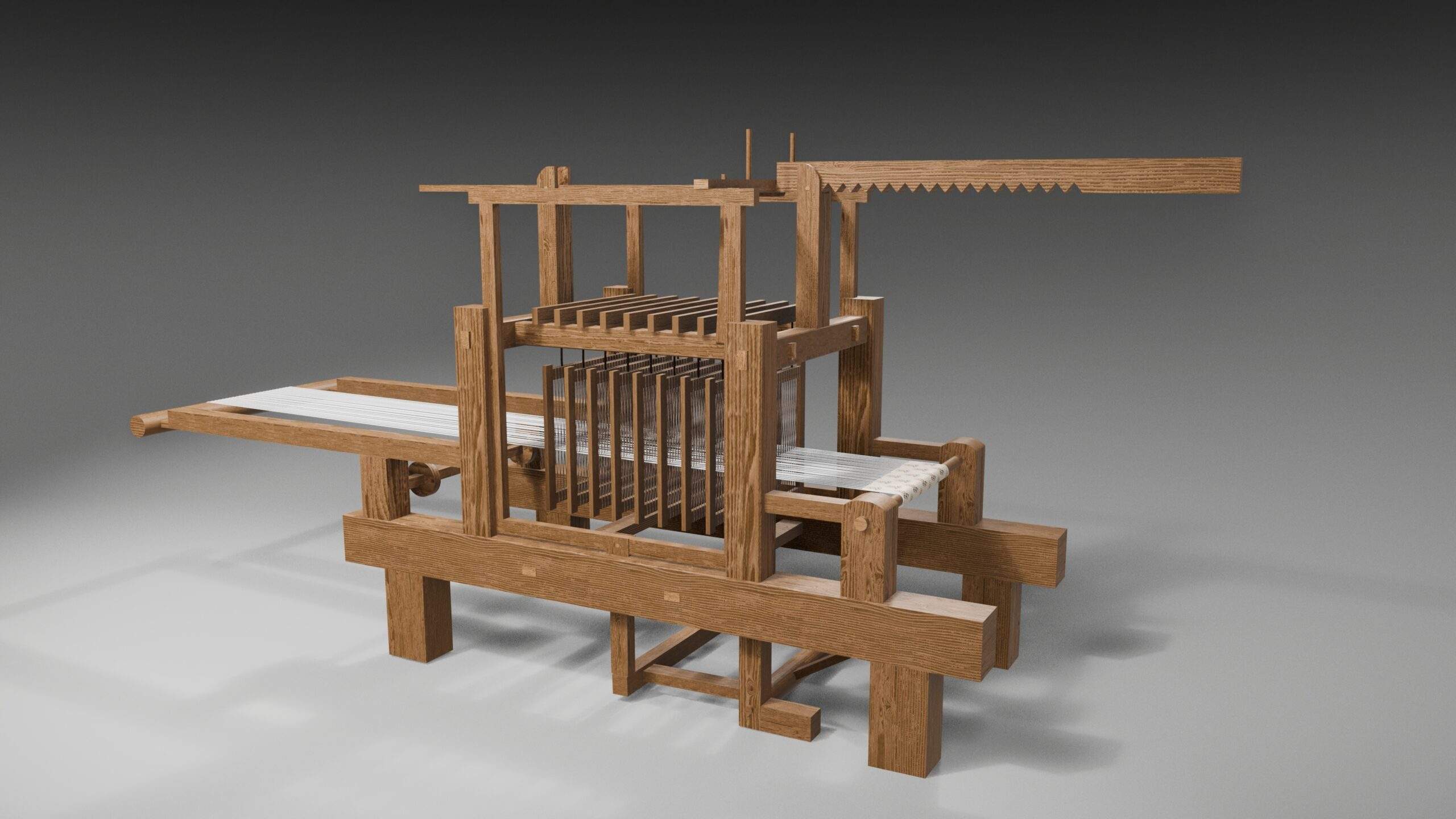 Ancient chinese silk loom model showing the beam at the top